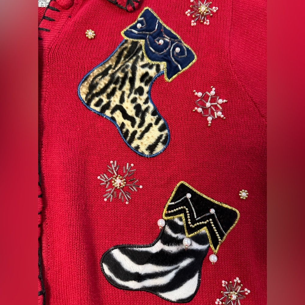 Vintage Nutcracker Christmas Cardigan Sweater Red Animal Print Stockings medium - Picture 14 of 16